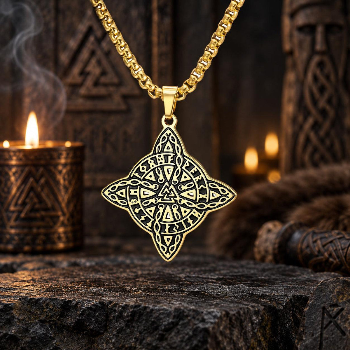 Witch's Knot & Nordic Valknut Amulet Necklace in a dark pagan Viking altar setting, detailed polished metal finish