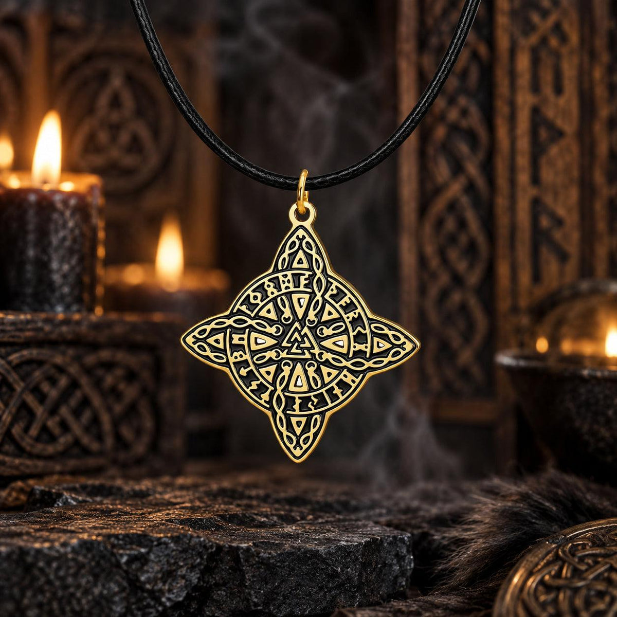 Witch's Knot & Nordic Valknut Amulet Necklace in a dark pagan Viking altar setting, detailed polished metal finish