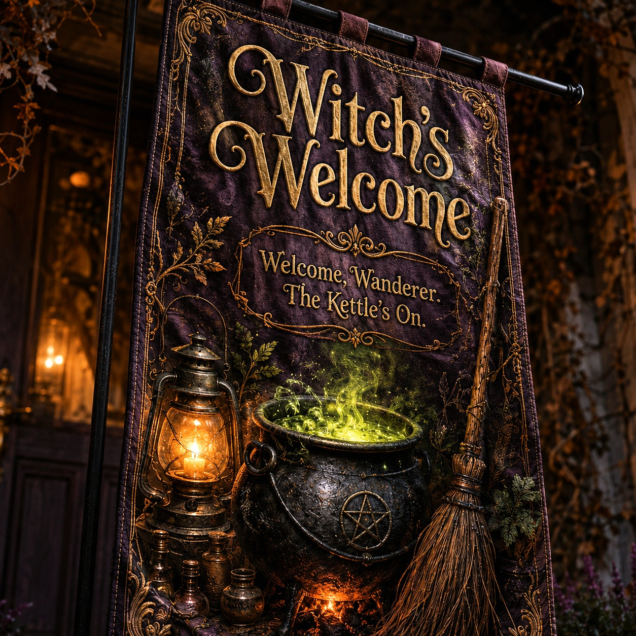 Witchs Welcome house flag displayed outdoors on a garden flag stand