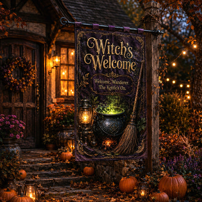 Close-up of Witchs Welcome house flag showing cauldron and broom artwork