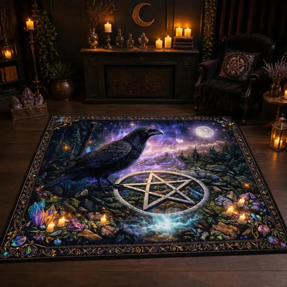Witchy Area Rug with Black Raven & Wicca Pentacle - Gothic Crow Carpet for Halloween_mockup_2.webp