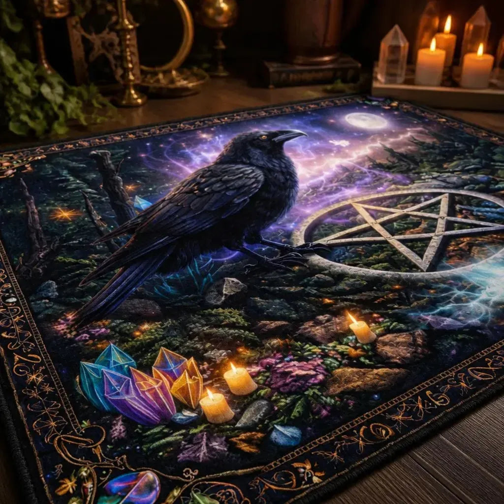 Witchy Area Rug with Black Raven & Wicca Pentacle - Gothic Crow Carpet for Halloween_mockup_3.webp