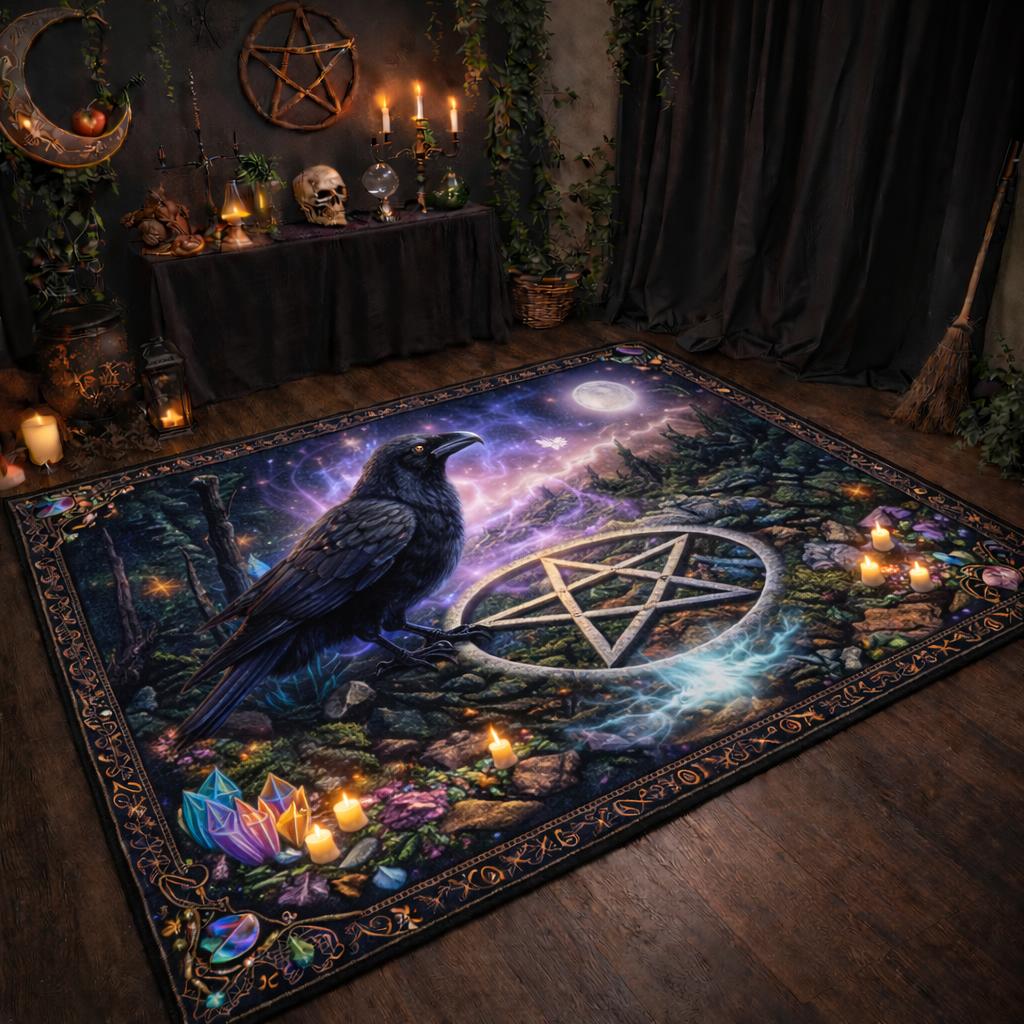 Witchy Area Rug with Black Raven & Wicca Pentacle - Gothic Crow Carpet for Halloween-MoonChildWorld
