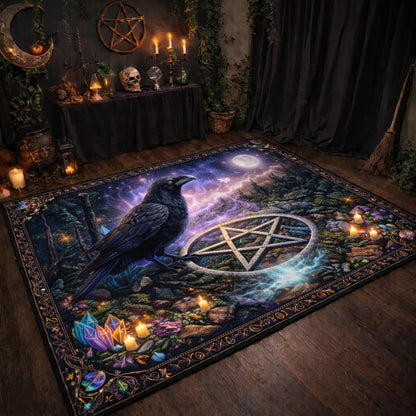 Witchy area rug with a black raven, glowing pentacle, moon, forest, and colorful crystals.