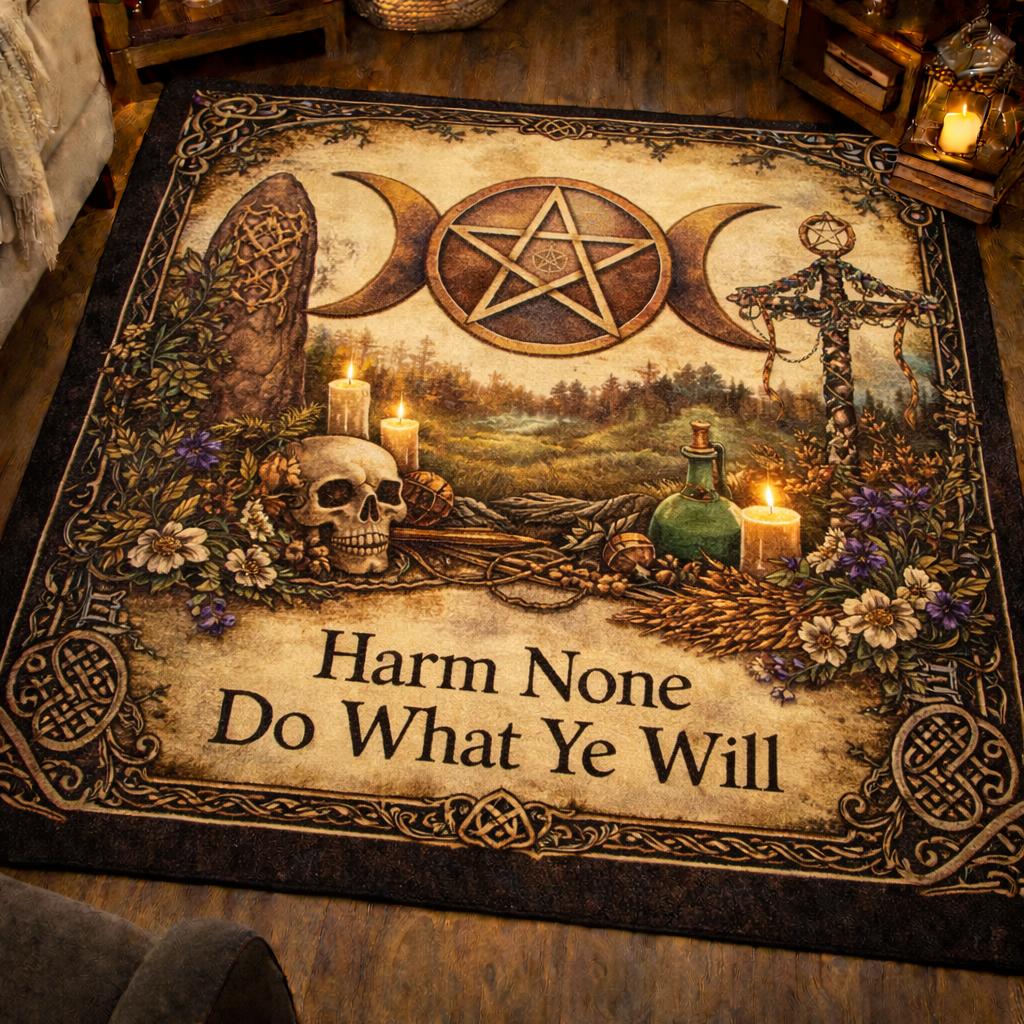 Witchy Area Rug with Gothic Skull & Triple Moon – Wicca Spiritual Carpet for Pagan Altar Room-MoonChildWorld