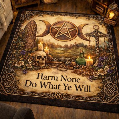 Witchy area rug with triple moon, pentagram, skull, candles, and "Harm None Do What Ye Will" text.