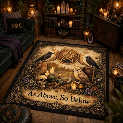 Witchy Area Rug with Owl, Gothic Ravens, Pentagram, Triple Moon – Wicca Spiritual Carpet for Pagan Altar Room_mockup_1.webp