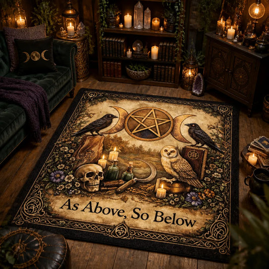 Witchy Area Rug with Owl, Gothic Ravens, Pentagram, Triple Moon – Wicca Spiritual Carpet for Pagan Altar Room_mockup_1.webp