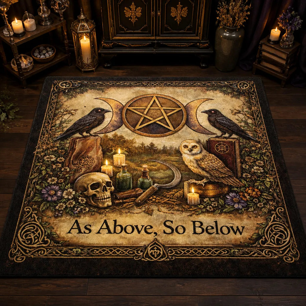 Witchy Area Rug with Owl, Gothic Ravens, Pentagram, Triple Moon – Wicca Spiritual Carpet for Pagan Altar Room_mockup_2.webp