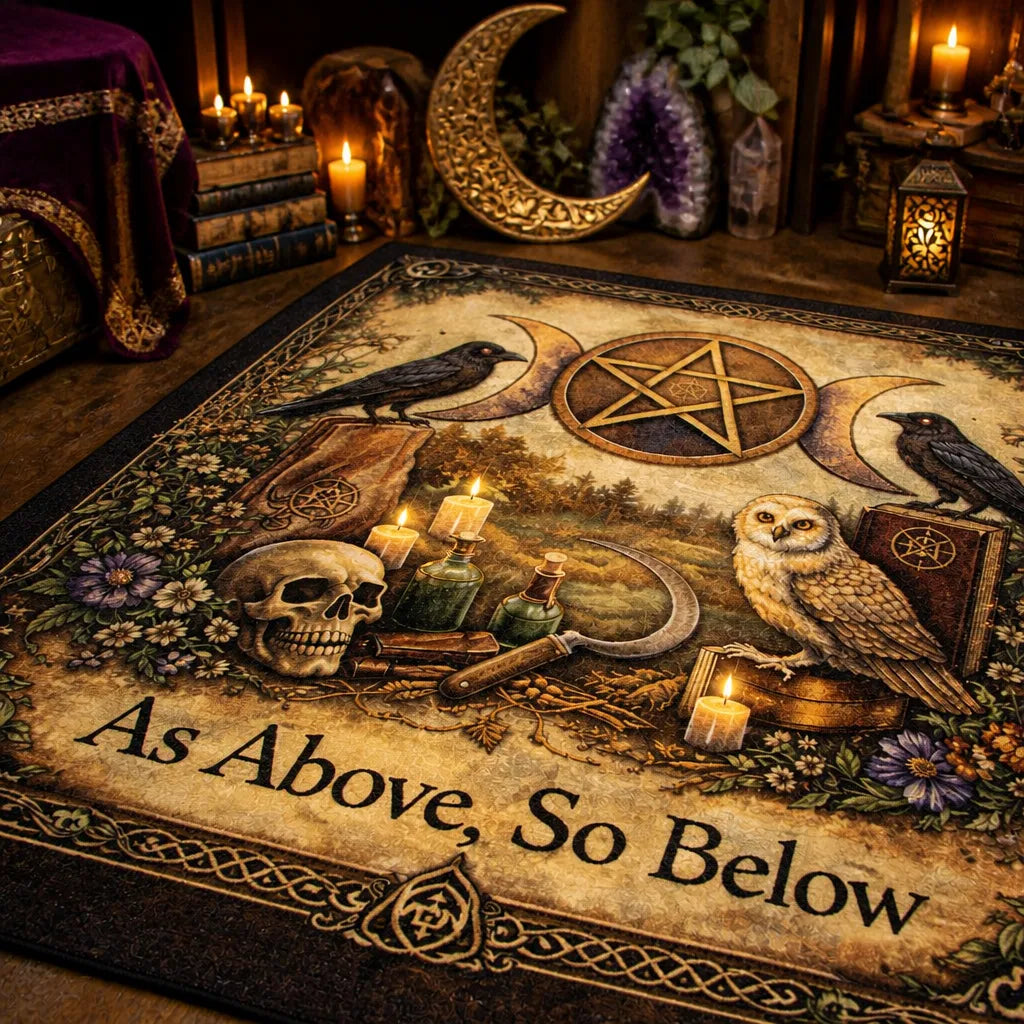 Witchy Area Rug with Owl, Gothic Ravens, Pentagram, Triple Moon – Wicca Spiritual Carpet for Pagan Altar Room_mockup_3.webp