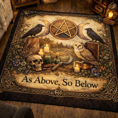 Witchy area rug with owl, ravens, pentagram, triple moon, skull, and "As Above, So Below" text.