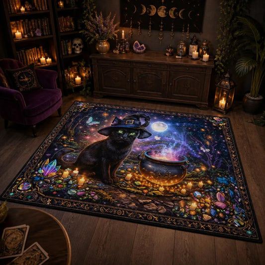 Witchy Black Cat Area Rug - Gothic Cat Carpet for Halloween Decor_mockup_1.webp