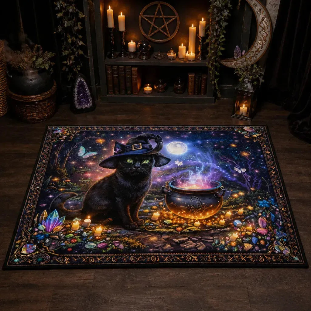 Witchy Black Cat Area Rug - Gothic Cat Carpet for Halloween Decor_mockup_2.webp