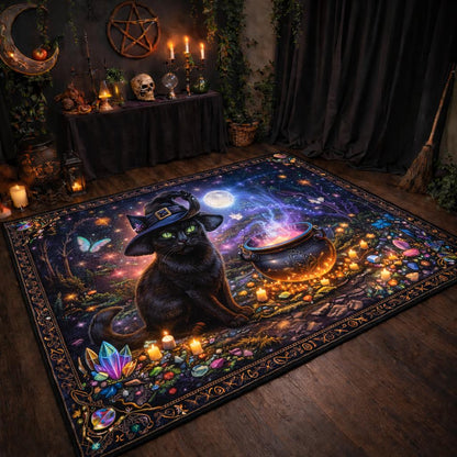 Witchy black cat area rug with a witch hat, cauldron, moon, stars, and colorful crystals.