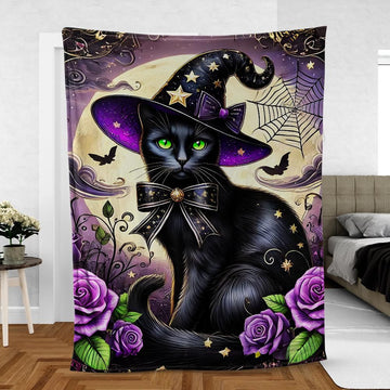 Witchy Black Cat Blanket – Enchanted Pagan Home Decor for Spellbinding Vibes-MoonChildWorld
