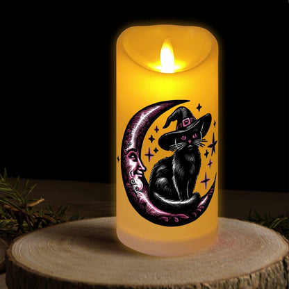 Witchy Black Cat & Crescent Moon Flameless LED Candle-MoonChildWorld
