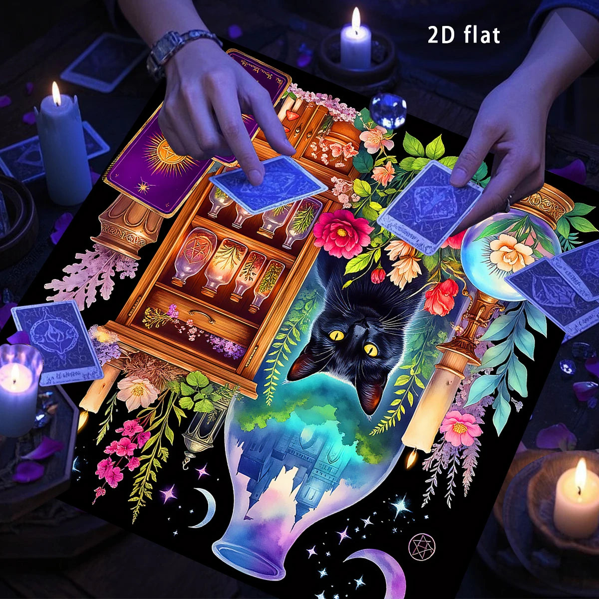 Witchy Black Cat Crystal Ball Tarot Altar Cloth-MoonChildWorld