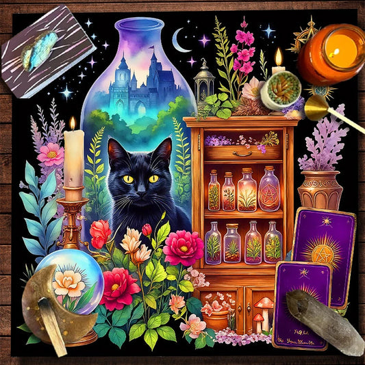 Witchy Black Cat Crystal Ball Tarot Altar Cloth-MoonChildWorld