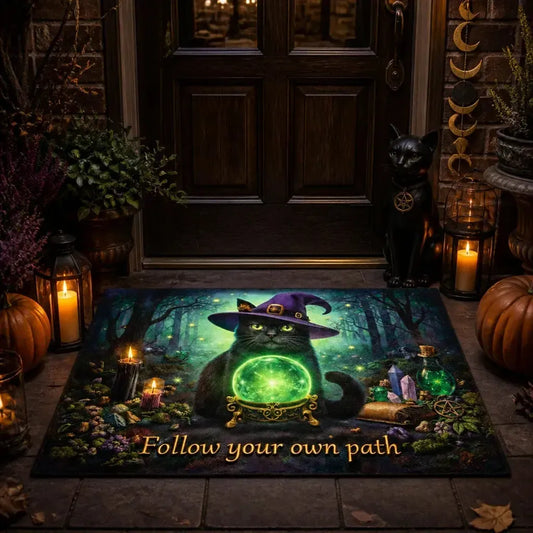 Witchy Black Cat Doormat – Spooky Halloween Welcome Mat for Gothic Entryway_mockup_1.webp