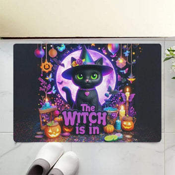 Witchy Black Cat Doormat for Halloween - Magic Moon Cat Doormat-MoonChildWorld