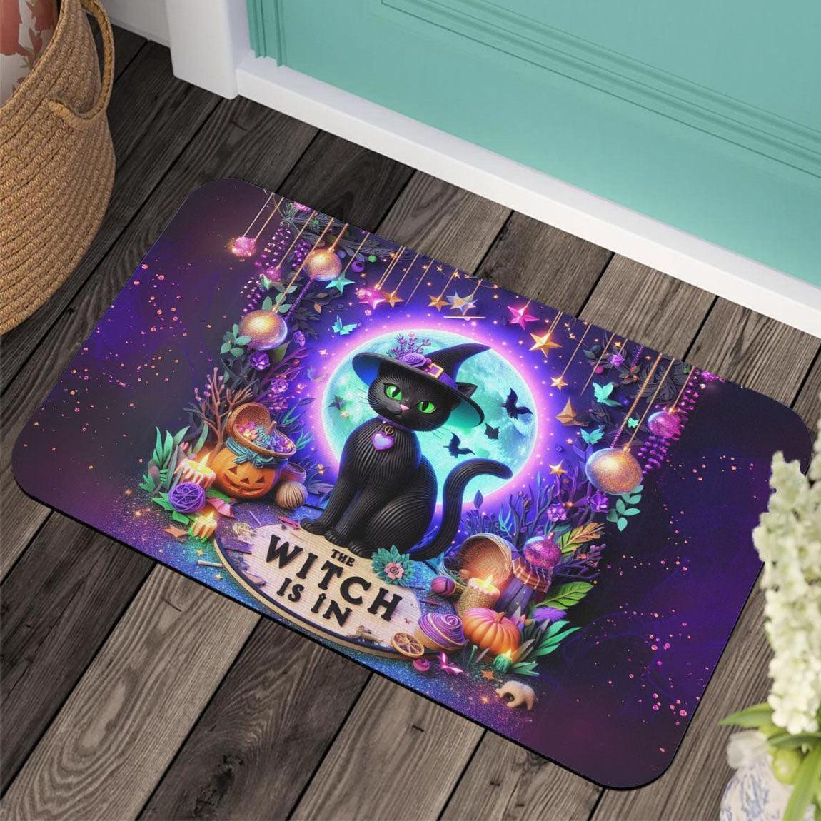 Witchy Black Cat Doormat for Halloween - Magic Moon Cat Doormat-MoonChildWorld