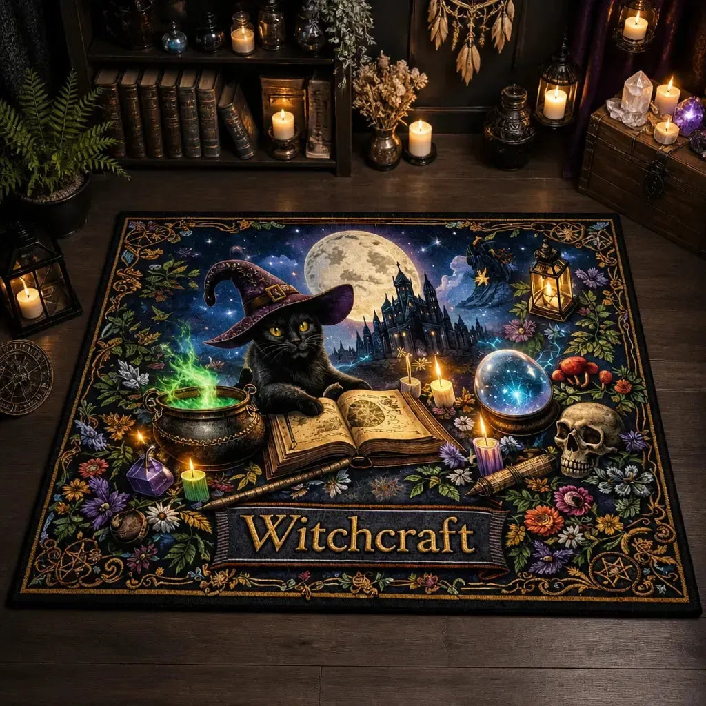 Witchy Black Cat Gothic Area Rug - Spooky Cat Carpet for Halloween_mockup_2.webp