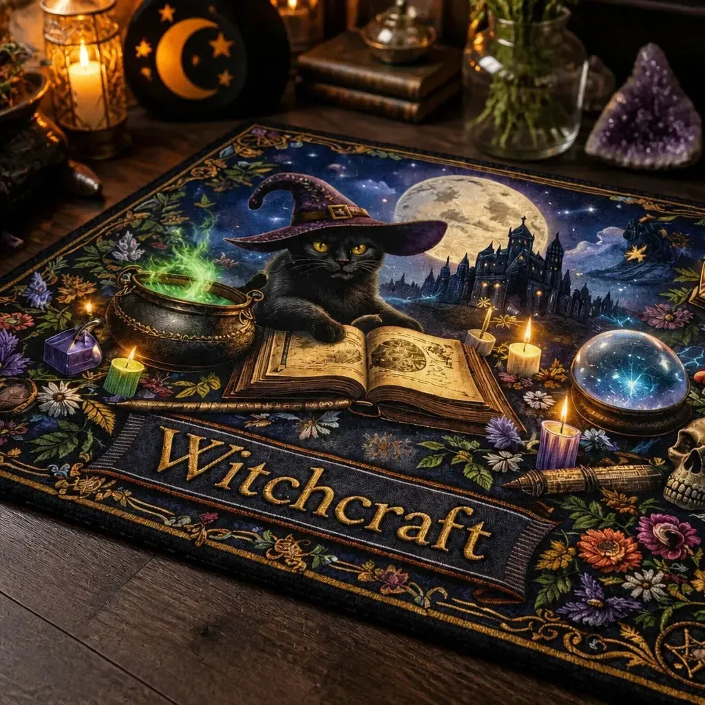 Witchy Black Cat Gothic Area Rug - Spooky Cat Carpet for Halloween_mockup_3.webp