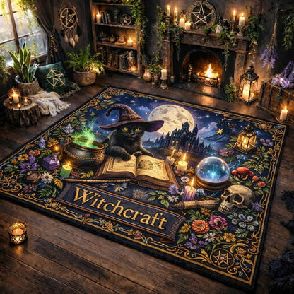 Witchy black cat gothic area rug with moon, castle, pentagrams, and "Witchcraft" banner.