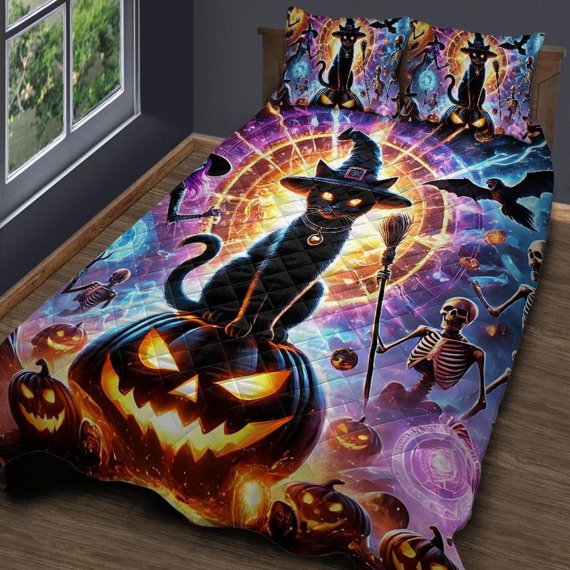 Witchy Black Cat Gothic Quilt Bedding Set for Halloween-MoonChildWorld