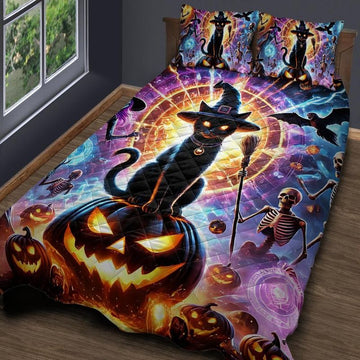 Witchy Black Cat Gothic Quilt Bedding Set for Halloween-MoonChildWorld