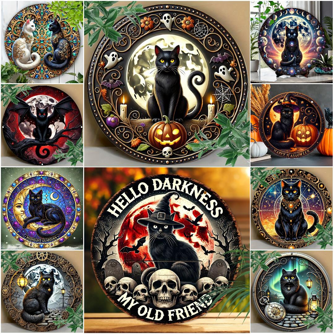 Witchy Black Cat Metal Sign Wall Art - Wiccan Halloween & Christmas Decor-MoonChildWorld