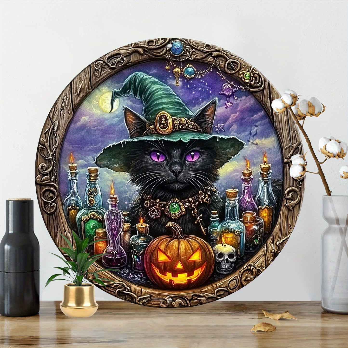 Witchy Black Cat Metal Sign for Halloween Wall Decor-MoonChildWorld