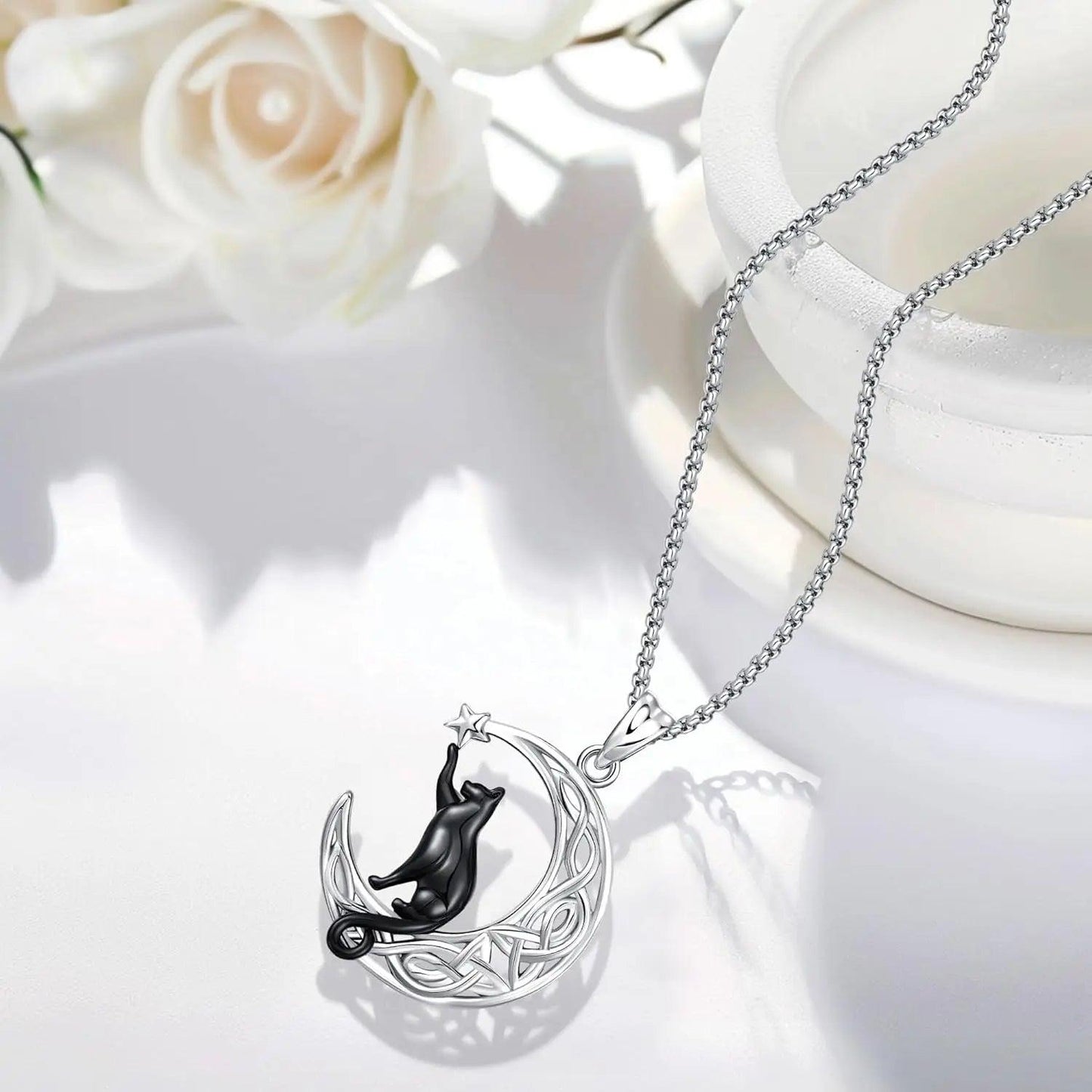 Witchy Black Cat Necklace 925 Sterling Silver Crescent Moon Cat Necklace Witch Jewelry-MoonChildWorld