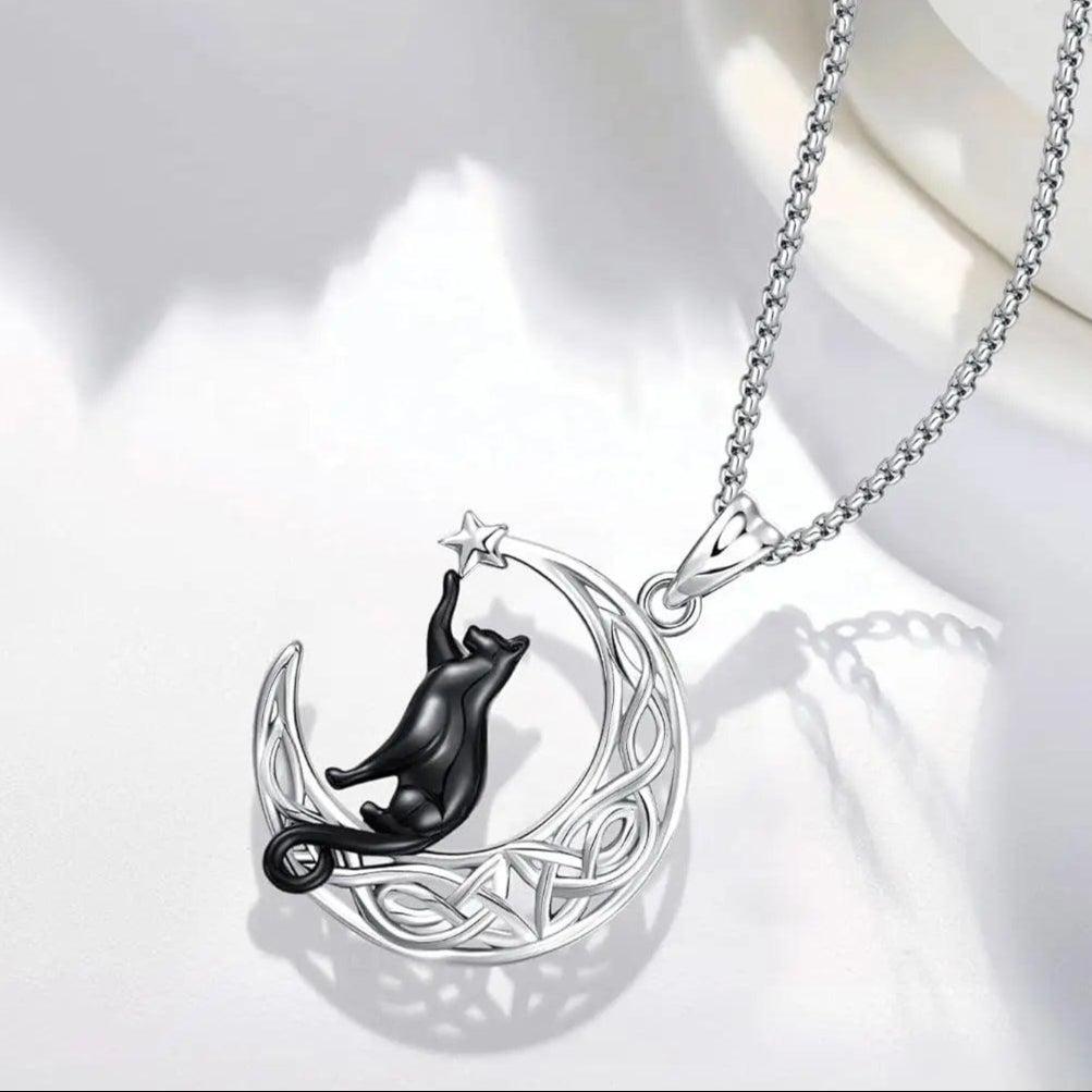 Witchy Black Cat Necklace 925 Sterling Silver Crescent Moon Cat Necklace Witch Jewelry-MoonChildWorld