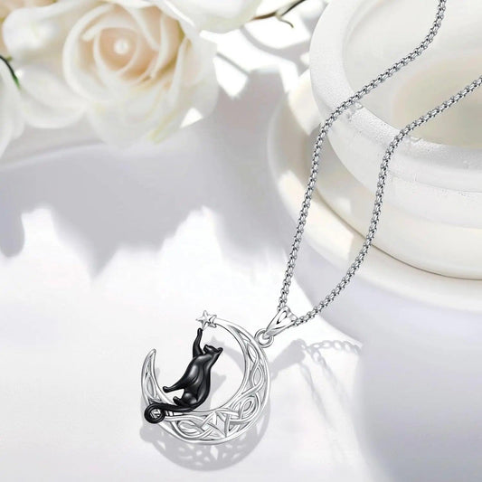Witchy Black Cat Necklace 925 Sterling Silver Crescent Moon Cat Necklace Witch Jewelry-MoonChildWorld