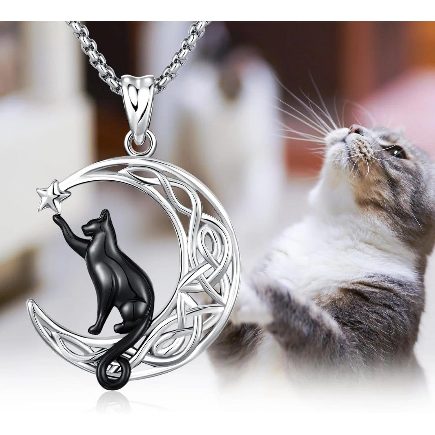 Witchy Black Cat Necklace 925 Sterling Silver Crescent Moon Cat Necklace Witch Jewelry-MoonChildWorld