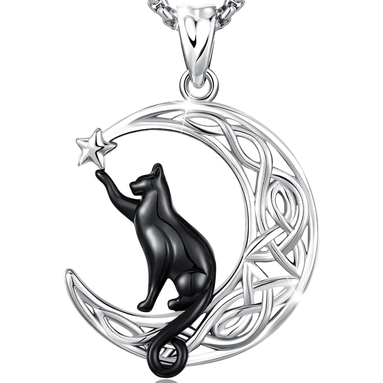 Witchy Black Cat Necklace 925 Sterling Silver Crescent Moon Cat Necklace Witch Jewelry-MoonChildWorld