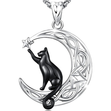 Witchy Black Cat Necklace 925 Sterling Silver Crescent Moon Cat Necklace Witch Jewelry-MoonChildWorld