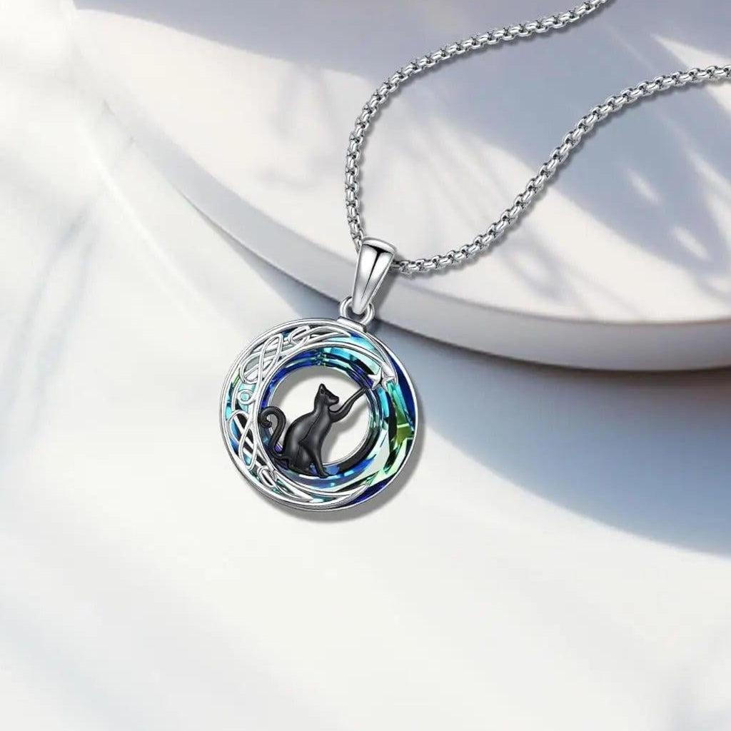 Witchy Black Cat Necklace 925 Sterling Silver Crystal Cat Necklace Celtic Jewelry-MoonChildWorld