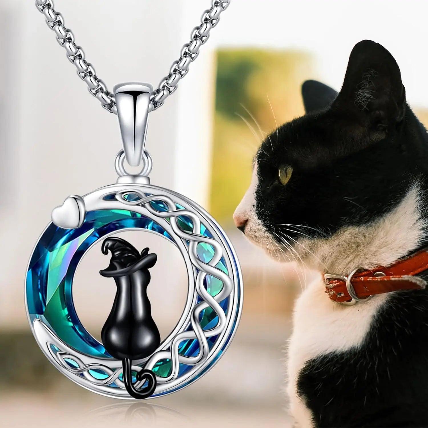 Witchy Black Cat Necklace 925 Sterling Silver Crystal Cat Necklace Celtic Jewelry-MoonChildWorld