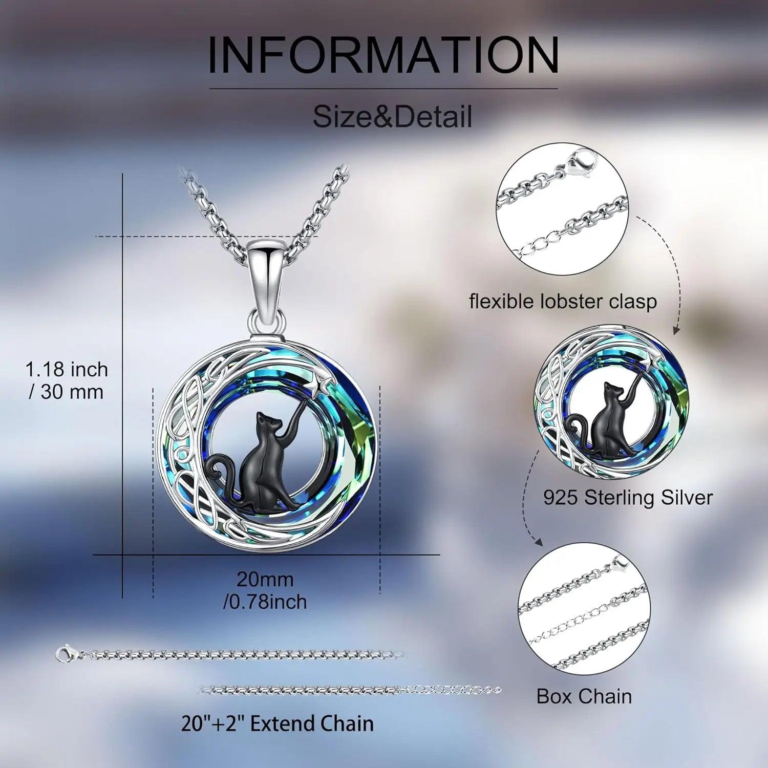 Witchy Black Cat Necklace 925 Sterling Silver Crystal Cat Necklace Celtic Jewelry-MoonChildWorld