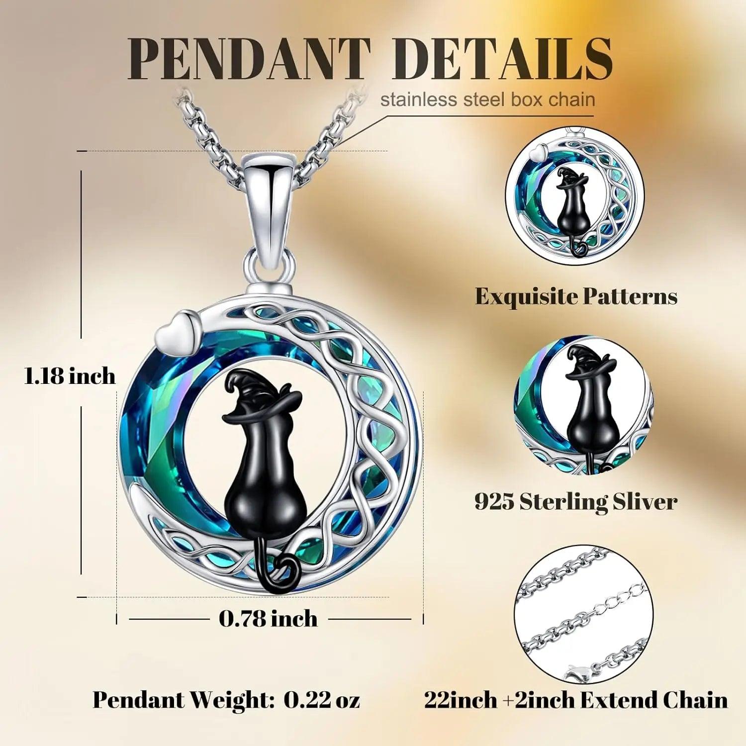 Witchy Black Cat Necklace 925 Sterling Silver Crystal Cat Necklace Celtic Jewelry-MoonChildWorld