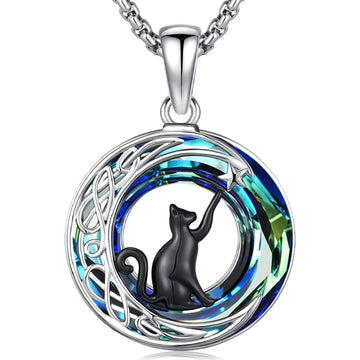 Witchy Black Cat Necklace 925 Sterling Silver Crystal Cat Necklace Celtic Jewelry-MoonChildWorld