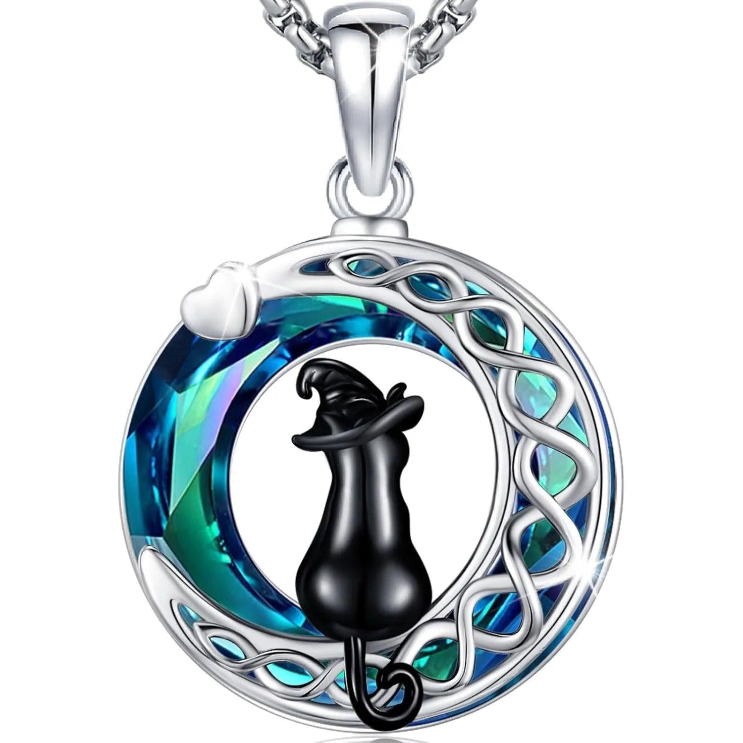 Witchy Black Cat Necklace 925 Sterling Silver Crystal Cat Necklace Celtic Jewelry-MoonChildWorld