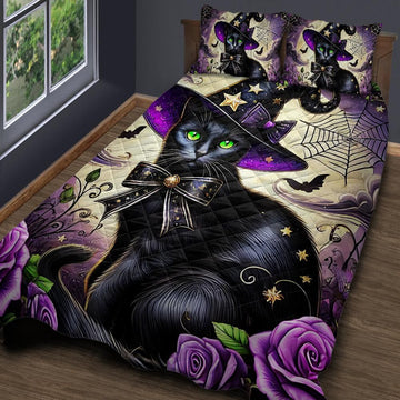 Witchy Black Cat Quilt Bedding Set for Halloween-MoonChildWorld