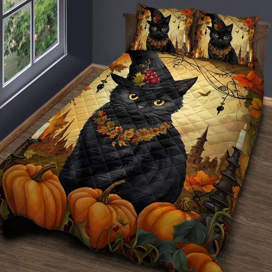 Witchy Black Cat Quilt Bedding Set for Spooky Halloween Home Decor-MoonChildWorld