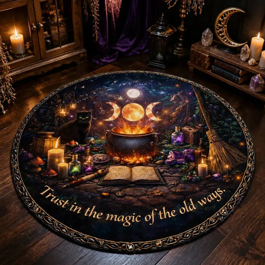 Witchy Black Cat Round Rug - Wicca Triple Moon Carpet Witch Home Decor_mockup_3.webp