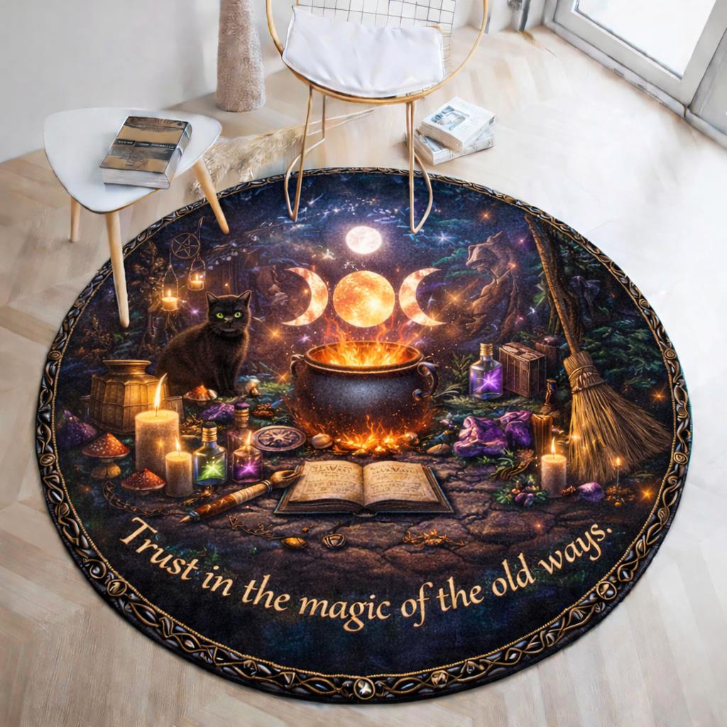 Witchy black cat round rug with triple moon, cauldron, and "Trust in the magic of the old ways" text.
