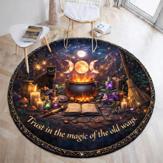 Witchy Black Cat Round Rug - Wicca Triple Moon Carpet Witch Home Decor-MoonChildWorld