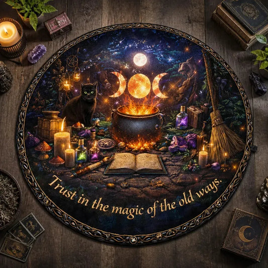 Witchy Black Cat Round Rug - Wicca Triple Moon Carpet Witch Home Decor_mockup_2.webp